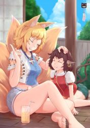 Rule 34 | 2girls, alternate costume, amekosame, animal ears, barefoot, blonde hair, brown hair, casual, cat ears, cat girl, cat tail, chen, contemporary, cup, denim, denim shorts, drinking straw, earrings, closed eyes, fang, feet, female focus, fox ears, fox tail, glass, hand on another&#039;s head, headpat, index finger raised, jewelry, multiple girls, multiple tails, navel, one eye closed, open mouth, outdoors, shirt, short hair, shorts, single earring, sitting, smile, tail, thighs, touhou, wind chime, wink, yakumo ran, yellow eyes