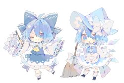 Rule 34 | 1girl, ahoge, apron, ascot, bare shoulders, black footwear, blue bow, blue eyes, blue hair, blue hat, blue skirt, blue vest, blush, bow, broom, cirno, closed mouth, cosplay, detached sleeves, detached wings, fairy, frilled apron, frills, gohei, hair between eyes, hair bow, hakurei reimu, hakurei reimu (cosplay), hat, hat bow, highres, holding, holding gohei, ice, ice wings, japanese clothes, kirisame marisa, kirisame marisa (cosplay), long sleeves, multiple views, nikorashi-ka, nontraditional miko, one eye closed, ribbon-trimmed sleeves, ribbon trim, shirt, shoes, short hair, simple background, skirt, smile, socks, touhou, vest, waist apron, white apron, white background, white bow, white shirt, white sleeves, white socks, wide sleeves, wings, witch hat, yellow ascot