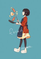 Rule 34 | 1girl, apron, aqua background, artist name, bacon, black apron, black eyes, black hair, commentary request, cooking, dress, english text, food, food print, fried egg, from side, full body, highres, holding, holding pan, holding spatula, jacket, open clothes, open jacket, original, print dress, red jacket, short hair, simple background, solo, soramaru ell, spatula, standing, twitter username, watermark, yellow dress