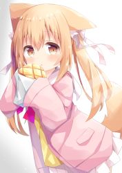 Rule 34 | 1girl, :o, absurdres, animal ears, blush, bow, bread, brown eyes, commentary request, food, gradient background, grey background, hair between eyes, hair bow, highres, holding, holding food, jacket, light brown hair, long hair, long sleeves, looking at viewer, melon bread, miike-chan, nakkar, open clothes, open jacket, original, parted lips, pink jacket, pleated skirt, shirt, skirt, sleeves past fingers, sleeves past wrists, solo, tail, twintails, white background, white bow, white skirt, yellow shirt