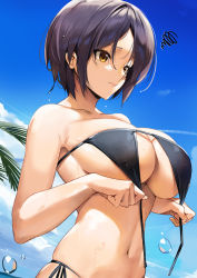 Rule 34 | 1girl, bare shoulders, bikini, black bikini, black hair, blue sky, breasts, cleavage, closed mouth, cloud, commentary, day, english commentary, hands up, hayami kanade, highres, horizon, idolmaster, idolmaster cinderella girls, large breasts, mixed-language commentary, navel, ocean, outdoors, palm tree, parted bangs, short hair, side-tie bikini bottom, skindentation, sky, solo, swimsuit, tony guisado, tree, underboob, untied bikini, upper body, water, water drop, yellow eyes