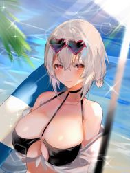 Rule 34 | 1girl, azur lane, bad id, bad twitter id, bare shoulders, bikini, black bikini, blush, breasts, chiemo (xcem), choker, cleavage, closed mouth, collarbone, commentary request, day, eyewear on head, hair between eyes, heart, heart-shaped eyewear, highres, large breasts, looking at viewer, o-ring, o-ring top, ocean, outdoors, red eyes, short hair, sirius (azur lane), sirius (scorching-hot seirios) (azur lane), sitting, smile, solo, sunglasses, swimsuit, water