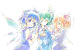 Rule 34 | 3girls, ascot, bad id, bad pixiv id, blonde hair, blue eyes, blue hair, blush, bow, cirno, crossed arms, daiyousei, closed eyes, fairy wings, fang, female focus, green hair, hair bow, hair ribbon, hinase kaguya, ice, ice wings, multiple girls, ribbon, rumia, short hair, side ponytail, sketch, smile, touhou, vest, white background, wings