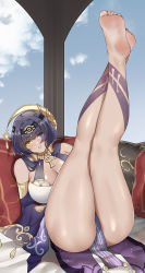 Rule 34 | 1girl, armlet, ass, bare legs, bare shoulders, barefoot, black hairband, blue eyes, blue hair, blue sky, blunt bangs, blush, breasts, brooch, candace (genshin impact), cleavage, cloud, commentary request, dark-skinned female, dark skin, detached sleeves, egyptian clothes, eye of horus, feet, genshin impact, hair ornament, hairband, halterneck, heterochromia, highres, jewelry, large breasts, leaning back, legs, legs up, looking at viewer, neck ring, paid reward available, parted lips, pelvic curtain, sidelocks, sitting, sky, soles, solo, thighs, toes, twintails, wd (1106592840), yellow eyes