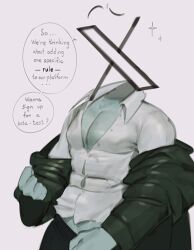 Rule 34 | 1boy, 1kogito1, absurdres, bara, blue skin, clothes pull, collared shirt, colored skin, come hither, english text, formal, highres, jacket, male focus, midriff peek, muscular, muscular male, object head, open clothes, open jacket, pants, pants pull, pectoral cleavage, pectorals, personification, raised eyebrows, shirt, solo, sparkle, suit, twitter, twitter logo, twitter x logo, undressing, x, x (1kogito1)