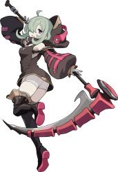 Rule 34 | 1girl, ahoge, arm up, artist request, ass, bags under eyes, black footwear, blush, boots, breasts, brown shirt, crescent pin, detached hood, falsche (world flipper), female focus, from behind, full body, gloves, green hair, grey thighhighs, hair over one eye, half-closed eyes, high heels, highres, holding, holding scythe, hood, huge weapon, jumping, leg up, light blush, long sleeves, looking at viewer, medium breasts, medium hair, non-web source, off-shoulder shirt, off shoulder, official art, outstretched arm, pale skin, puffy long sleeves, puffy sleeves, purple eyes, scythe, shiny clothes, shirt, short shorts, shorts, sidelocks, simple background, solo, thigh boots, thighhighs, thighs, transparent background, undershirt, weapon, white gloves, white shorts, world flipper