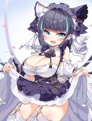 Rule 34 | 14c, 1girl, absurdres, azur lane, bare shoulders, black hair, blue eyes, blue hair, blunt bangs, blush, breasts, cheshire (azur lane), cleavage, clothes lift, commentary request, detached sleeves, dress, dress lift, earrings, fang, frilled dress, frilled ribbon, frills, garter straps, hair ribbon, highres, jewelry, large breasts, lifting own clothes, looking at viewer, maid, maid headdress, multicolored hair, open mouth, petals, ribbon, smile, solo, streaked hair, thighhighs, thighs, unfinished, white ribbon, white thighhighs