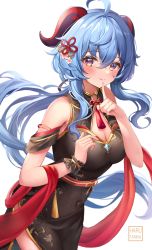 Rule 34 | 1girl, absurdres, ahoge, alternate costume, artist logo, blue hair, blush, breasts, chinese clothes, cleavage, closed mouth, clothing cutout, covered navel, finger to mouth, flower, flower knot, ganyu (genshin impact), genshin impact, goat horns, gold trim, gradient hair, hair flower, hair ornament, harukix, highres, horns, index finger raised, medium breasts, multicolored eyes, multicolored hair, purple eyes, red ribbon, ribbon, side slit, smile, solo, tassel, vision (genshin impact), wrist cuffs