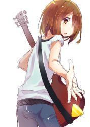 Rule 34 | 1girl, brown hair, chiigo, guitar, hirasawa yui, instrument, k-on!, listen!!, looking back, outstretched hand, solo