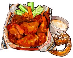 Rule 34 | buffalo wings, carrot, celery, chicken (food), commentary, cup, drink, english commentary, fast food, food, food focus, fried chicken, jadenvargen, no humans, original, pretzel, simple background, still life, vegetable, white background, wrapper