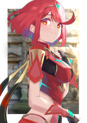 Rule 34 | 1girl, black gloves, bob cut, breasts, chest jewel, earrings, fingerless gloves, gloves, highres, jewelry, kyaro (wanu 14), large breasts, pyra (xenoblade), red eyes, red hair, red shorts, short hair, short shorts, shorts, solo, swept bangs, tiara, xenoblade chronicles (series), xenoblade chronicles 2