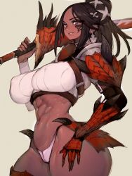 Rule 34 | 1girl, abs, armor, armored boots, bad anatomy, bikini, bikini armor, black eyes, black hair, boots, breasts, covered erect nipples, cowboy shot, cropped legs, curvy, dark-skinned female, dark skin, facial mark, faulds, from side, fumio (rsqkr), gauntlets, gloves, greatsword, hair over one eye, unworn headwear, highres, holding, holding sword, holding weapon, large breasts, long hair, medium breasts, monster hunter (character), monster hunter (series), monster hunter rise, over shoulder, pauldrons, perky breasts, ponytail, shoulder armor, single glove, skindentation, smile, solo, standing, sweat, swimsuit, sword, thick thighs, thigh boots, thighhighs, thighs, thong, toned, weapon, weapon over shoulder, white bikini