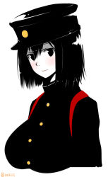 Rule 34 | 10s, 1girl, akitsu maru (kancolle), black eyes, black hair, blush, breasts, buttons, expressionless, hat, highres, isshiki (ffmania7), kantai collection, large breasts, looking at viewer, military, military hat, military uniform, pale skin, short hair, simple background, solo, taut clothes, twitter username, uniform, upper body, white background