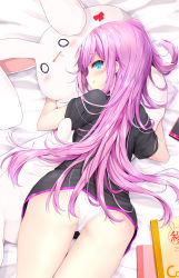 Rule 34 | 1girl, :q, ass, bed sheet, black shirt, blue eyes, blush, cellphone, closed mouth, commentary request, highres, kouda suzu, long hair, looking at viewer, looking back, lying, no pants, on stomach, one side up, original, panties, phone, pink hair, profile, shirt, short sleeves, smile, solo, stuffed animal, stuffed rabbit, stuffed toy, tongue, tongue out, underwear, very long hair, white panties