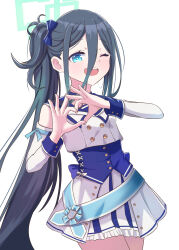 Rule 34 | 1girl, absurdly long hair, absurdres, aris (blue archive), black hair, blue archive, blue eyes, bow, buttons, commentary request, detached sleeves, hair between eyes, hair bow, hair ribbon, halo, heart, heart hands, highres, idol, long hair, long sleeves, looking at viewer, mischievous straight uniform (blue archive), official alternate costume, pleated skirt, ribbon, side ponytail, sidelocks, simple background, skirt, solo, very long hair, white background, ziz (pandora707)
