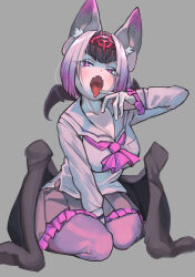 Rule 34 | 1girl, a888 n22, absurdres, animal ears, bat ears, bat girl, bat wings, bow, bowtie, brown hair, common vampire bat (kemono friends), extra ears, fang, grey background, grey hair, highres, kemono friends, looking at viewer, multicolored hair, open mouth, pantyhose, purple eyes, sailor collar, school uniform, short hair, simple background, skirt, solo, tongue, two-tone hair, wings