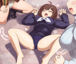 Rule 34 | 3girls, ahoge, barefoot, blush, brave witches, breasts, brown hair, closed eyes, covered erect nipples, crotch, hair ornament, hairclip, hosoinogarou, kanno naoe, karibuchi hikari, large breasts, lower body, lying, medium breasts, multiple girls, nikka edvardine katajainen, on back, open mouth, panties, scarf, school swimsuit, short hair, spread legs, sweat, sweater, swimsuit, trembling, underwear, white panties, world witches series