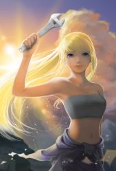 Rule 34 | 1girl, arm at side, arm up, armpits, backlighting, bare arms, bare shoulders, blonde hair, blue eyes, blue sky, blurry, bokeh, breasts, clothes around waist, cloud, cloudy sky, commentary request, depth of field, eyelashes, floating hair, fullmetal alchemist, holding, holding wrench, jacket, jacket around waist, light particles, light rays, long hair, medium breasts, mokka (8815019), navel, orange sky, outdoors, sky, smile, solo, strapless, sun, sunlight, sunrise, tube top, upper body, winry rockbell, wrench
