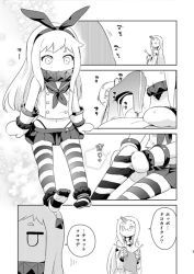 Rule 34 | 2girls, abyssal ship, bespectacled, claws, comic, cosplay, dress, glasses, greyscale, hairband, horns, kantai collection, knitting, long hair, mittens, monochrome, multiple girls, nagian, navel, northern ocean princess, pleated skirt, school uniform, seaport princess, serafuku, sewing machine, shimakaze (kancolle), shimakaze (kancolle) (cosplay), single horn, skirt, striped clothes, striped legwear, striped thighhighs, thighhighs, translation request, zettai ryouiki