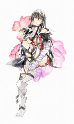 Rule 34 | 1girl, armored boots, bandaged arm, bandages, black hair, boots, braid, center opening, closed mouth, collarbone, commentary request, dress, enoki kino, fingernails, grey footwear, hair between eyes, hand on own face, head rest, highres, invisible chair, long hair, looking at viewer, off shoulder, red dress, revealing clothes, sitting, solo, tales of (series), tales of berseria, velvet crowe, very long hair, white background