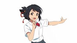 1girl :d animated animated_gif anime_coloring black_hair bow bowtie brown_eyes collared_shirt grey_skirt hair_ribbon hand_on_own_face hand_up hoshino_ruby_dance index_finger_raised kimi_no_na_wa. looking_at_viewer miyamizu_mitsuha open_mouth outstretched_arm parody pleated_skirt pointing pointing_up ponytail red_bow red_bowtie red_ribbon ribbon school_uniform shirt short_hair short_sleeves simple_background skirt smile solo style_parody upper_body white_background white_shirt