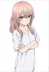 Rule 34 | 1girl, blush, breasts, collarbone, cowboy shot, crossed arms, crossed bangs, hair between eyes, highres, inui sajuna, long hair, looking at viewer, nnyu, oversized clothes, oversized shirt, pink eyes, pink hair, shirt, simple background, small breasts, solo, sono bisque doll wa koi wo suru, sweatdrop, t-shirt, white background, white shirt
