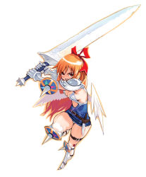 Rule 34 | 1girl, armor, armored boots, boots, bow, breasts, dagger, female focus, full body, greaves, hair bow, highres, holding, holding sword, holding weapon, huge weapon, knife, long hair, looking at viewer, matching hair/eyes, medium breasts, orange eyes, orange hair, original, panties, panty peek, pauldrons, ryoji (nomura ryouji), shoulder armor, simple background, solo, spikes, sword, thigh strap, thighhighs, underwear, weapon, white background, white wings, wings