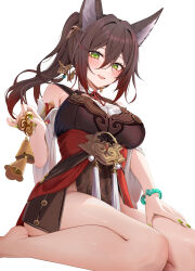 Rule 34 | 1girl, animal ears, bare legs, bare shoulders, barefoot, bracelet, breasts, brown hair, chinese commentary, commentary request, fox ears, fox girl, gradient background, green eyes, green nails, hair between eyes, hair ornament, highres, holding, honkai: star rail, honkai (series), jewelry, kneeling, large breasts, long hair, looking at viewer, nail polish, no tail, open mouth, ponytail, red hair, ru zhai, simple background, smile, thighs, tingyun (honkai: star rail), white background