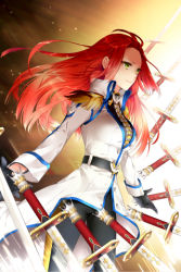 Rule 34 | 1girl, belt, breasts, coat, cocoon (loveririn), epaulettes, gloves, jaina preventer, jeyina, leggings, long hair, lowres, medium breasts, outstretched arms, red hair, shadow, solo, striped, sword, sword girls, weapon, yellow eyes