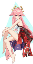 Rule 34 | 1girl, absurdres, animal ears, backless outfit, bare arms, bare legs, bare shoulders, barefoot, commentary, czk, fox ears, genshin impact, hair between eyes, highres, invisible chair, long hair, looking at viewer, pink hair, purple eyes, red skirt, shirt, sitting, skirt, sleeveless, sleeveless shirt, smile, solo, thighs, very long hair, white background, white shirt, yae miko