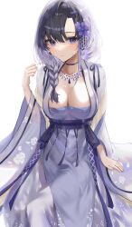 Rule 34 | 1girl, azarashi hapu, black hair, breasts, choker, cleavage, commission, dress, hair ornament, highres, indie virtual youtuber, jewelry, large breasts, mole, mole under eye, multicolored hair, necklace, parted bangs, purple dress, purple eyes, purple hair, raiya atelier, sitting, skeb commission, solo, two-tone hair, virtual youtuber, white background, wide sleeves