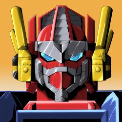 Rule 34 | 1boy, ark line, autobot, blue eyes, gradient background, highres, looking at viewer, mecha, no humans, omega prime, orange background, portrait, robot, science fiction, solo, transformers, transformers car robots, upper body