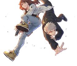 Rule 34 | 1boy, 1girl, ankle boots, black hoodie, black pants, black shirt, bomber jacket, boots, brown hair, commentary, daoli, denim, from below, grey hair, gun, hand on own arm, holding, holding gun, holding weapon, holster, hood, hoodie, jacket, jeans, kiruko (tengoku daimakyou), looking at viewer, maru (tengoku daimakyou), open clothes, open jacket, outstretched arm, pants, reaching, reaching towards viewer, shirt, shoes, sidelighting, simple background, sneakers, teeth, tengoku daimakyou, thigh holster, upside-down, weapon, white background