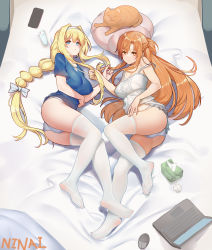 Rule 34 | 2girls, absurdres, alice zuberg, animal, asuna (sao), bare arms, bare shoulders, bed, blue panties, blue shirt, braid, braided ponytail, brown eyes, brown hair, cat, computer, dress, feet, hair intakes, hairband, highres, holding, holding own hair, laptop, long hair, looking at viewer, multiple girls, ninai, no shoes, panties, pillow, shirt, sleeveless, sleeveless dress, soles, sword art online, thighhighs, toes, underwear, white dress, white hairband, white sleeves, white thighhighs, yuri