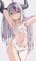 1girl absurdres ahoge armpits arms_up black_horns bra braid braided_bangs contrapposto demon_horns flat_chest grey_hair groin hair_between_eyes highres hololive horns la+_darknesss lingerie long_hair looking_at_viewer multicolored_hair navel no_tail panties parted_lips pointy_ears presenting_armpit purple_hair scarlet_(wv0102) simple_background slit_pupils solo stomach strap_slip streaked_hair thigh_gap underwear underwear_only virtual_youtuber white_bra white_panties yellow_eyes