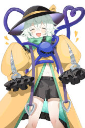 Rule 34 | 1girl, alternate costume, black hat, black shorts, blush, bow, closed eyes, coat, commentary request, cowboy shot, facing viewer, frilled coat, frills, green coat, green hair, hat, hat bow, hat ribbon, heart, heart of string, highres, komeiji koishi, long sleeves, medium hair, midriff, navel, open mouth, ribbon, ro/ku, shorts, simple background, sleeves past fingers, sleeves past wrists, smile, solo, standing, third eye, touhou, touhou gensou eclipse, turtleneck coat, white background, wide sleeves, yellow bow, yellow coat, yellow ribbon, zipper, zipper sleeves