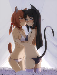 Rule 34 | 2girls, :&lt;, animal ears, asymmetrical docking, back, bandages, bell, bikini, black hair, blunt bangs, blush, breast press, breasts, brown eyes, brown hair, cat ears, cat tail, chiwino, cleavage, collar, collarbone, flat chest, flower, hair ornament, hairclip, highres, hug, long hair, looking at viewer, looking back, low twintails, multiple girls, navel, neck bell, open mouth, original, purple eyes, red hair, side-tie bikini bottom, small breasts, strap gap, swimsuit, tail, thighhighs, tsurime, twintails, white legwear, yuri