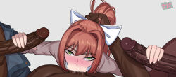 Rule 34 | 1girl, 3boys, :&gt;=, artist name, blazer, caustic crayon, dark-skinned male, dark skin, deepthroat, doki doki literature club, double handjob, erection, eyebrows, eyelashes, fellatio, fingernails, from above, grabbing another&#039;s hair, green eyes, grey background, grey blazer, group sex, hair ribbon, handjob, hands up, huge penis, irrumatio, jacket, long hair, long sleeves, looking at viewer, looking up, monika (doki doki literature club), multiple boys, oral, orange hair, penis, ponytail, pov, pov crotch, pov hands, ribbon, simple background, solo focus, surrounded, surrounded by penises, uncensored, upper body, veins, veiny penis, very dark skin, white ribbon