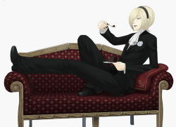 Rule 34 | 1boy, androgynous, ash crimson, blonde hair, blue eyes, cake, couch, fingernails, food, freckles, full body, hairband, long fingernails, male focus, mega30000, nail polish, open mouth, plate, red upholstery, snk, solo, spoon, the king of fighters, tongue, tongue out