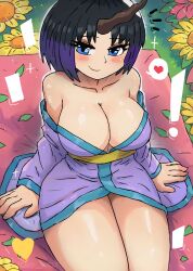 Rule 34 | !, 1girl, absurdres, arm support, black hair, blue eyes, blush, breasts, cleavage, collarbone, dragon girl, dragon horns, elma (maidragon), flower, grass, heart, highres, horns, japanese clothes, kimono, kobayashi-san chi no maidragon, large breasts, long sleeves, looking at viewer, multicolored hair, obi, off shoulder, petals, purple hair, purple kimono, sash, short hair, single horn, sitting, smile, sparkle, speech bubble, spoken heart, sunflower, thick thighs, thighs, tony welt, two-tone hair, wide hips