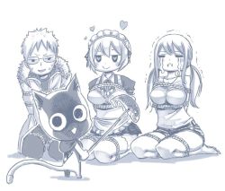 Rule 34 | 2boys, 2girls, arms behind back, bondage, bound, breasts, cat, crying, fairy tail, fish, frogtie, glasses, happy (fairy tail), kneeling, loke (fairy tail), lucy heartfilia, masochism, medium breasts, monochrome, multiple boys, multiple girls, rope, simple background, virgo (fairy tail)