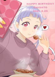 Rule 34 | 1girl, absurdres, arashi chisato, artist name, artist request, blush, breasts, cellphone, close-up, clothes writing, double bun, female focus, food, hair bun, hair tie, heart, heart (symbol), heart print, highres, holding, holding cellphone, holding food, holding phone, jacket, long hair, long sleeves, looking at viewer, love live!, love live! superstar!!, nail, nail polish, orange nails, parted lips, phone, pink background, plate, purple jacket, red eyes, smile, solo, taking picture, takoyaki, upper body, white hair