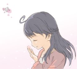 Rule 34 | 10s, 1girl, ahoge, alternate hairstyle, black hair, braid, casual, closed eyes, commentary request, contemporary, flower, gradient background, holding, holding flower, kantai collection, long hair, long sleeves, open mouth, pink background, saiguchi otoufu, shirt, smile, solo, sweater, translation request, upper body, ushio (kancolle)
