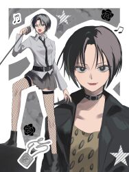 Rule 34 | 1girl, absurdres, belt, black belt, black choker, black eyes, black jacket, black necktie, black skirt, breasts, choker, closed mouth, collared shirt, commentary, fishnet thighhighs, fishnets, grey shirt, highres, holding, holding microphone, jacket, long sleeves, looking at viewer, microphone, miniskirt, musical note, nana (series), necktie, open clothes, open jacket, open mouth, osaki nana, outline, shirt, short hair, skirt, small breasts, thighhighs, tsukuno tsuki, white outline, zettai ryouiki