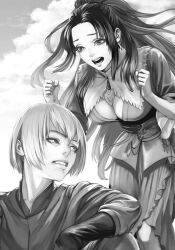 Rule 34 | 1boy, 1girl, arm on knee, breasts, cleavage cutout, clenched hands, clothing cutout, cloud, cloudy sky, dress, fata morgana no yakata, frown, greyscale, highres, javi (fata morgana no yakata), leaning forward, long hair, looking at another, medium breasts, monochrome, moyatarou, non-web source, novel illustration, official art, open mouth, pauline asama, ponytail, short hair, sitting, sky