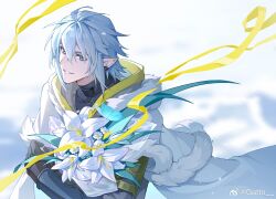 Rule 34 | 1boy, ahoge, black gloves, blue eyes, blue hair, bouquet, chinese commentary, cloak, commentary request, earclip, elezen, elf, final fantasy, final fantasy xiv, flower, from above, fur-trimmed cloak, fur trim, gatto3587, gloves, hair between eyes, haurchefant greystone, holding, holding bouquet, male focus, parted lips, pointy ears, ribbon, short hair, smile, solo, turtleneck, upper body, vambraces, weibo logo, weibo watermark, white cloak, white flower, yellow ribbon
