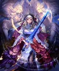 Rule 34 | 3girls, angel, angel wings, artist request, blonde hair, blue eyes, choker, cygames, frills, glowing, glowing weapon, habit, holding, holding sword, holding weapon, laina sister of judgment, multiple girls, nun, official art, puffy sleeves, shadowverse, smile, sword, weapon, wide sleeves, wings
