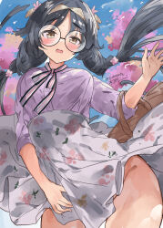 Rule 34 | 1girl, bag, black hair, blush, braid, breasts, brown eyes, cherry blossoms, floral print, flower, glasses, heian maru (kancolle), heian maru (spring mode) (kancolle), highres, kantai collection, long hair, long sleeves, looking at viewer, mizuta kenji, official alternate costume, one-hour drawing challenge, open mouth, petals, pink flower, pink shirt, ribbon, round eyewear, shirt, signature, skirt, solo, sweat, twin braids, twitter username, very long hair, white skirt