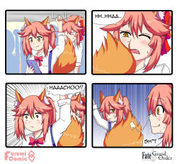 Rule 34 | &gt;:(, &gt; &lt;, 10s, 2girls, 4koma, anger vein, animal ear fluff, animal ears, cellphone, comic, dual persona, fang, fate/extra, fate/extra ccc, fate/grand order, fate (series), fox ears, fox tail, frown, hair ribbon, highres, keita naruzawa, long hair, looking back, multiple girls, official alternate costume, open mouth, phone, pink hair, ribbon, school uniform, smartphone, snot, sweat, tail, tamamo (fate), tamamo cat (fate), tamamo no mae (fate/extra), tamamo no mae (jk) (fate), v-shaped eyebrows, yellow eyes