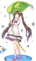 Rule 34 | 1girl, :d, aqua eyes, blue bow, bow, brown hair, choker, dress, flat chest, flower, frilled dress, frills, full body, hair flower, hair ornament, hair scrunchie, highres, jpeg artifacts, leaf umbrella, long hair, mary janes, mokyu (kukoudesu), no socks, open mouth, red footwear, red ribbon, ribbon, scrunchie, shoes, simple background, sleeveless, sleeveless dress, smile, solo, sparkle, standing, twintails, very long hair, water drop, white background, white dress, wrist ribbon